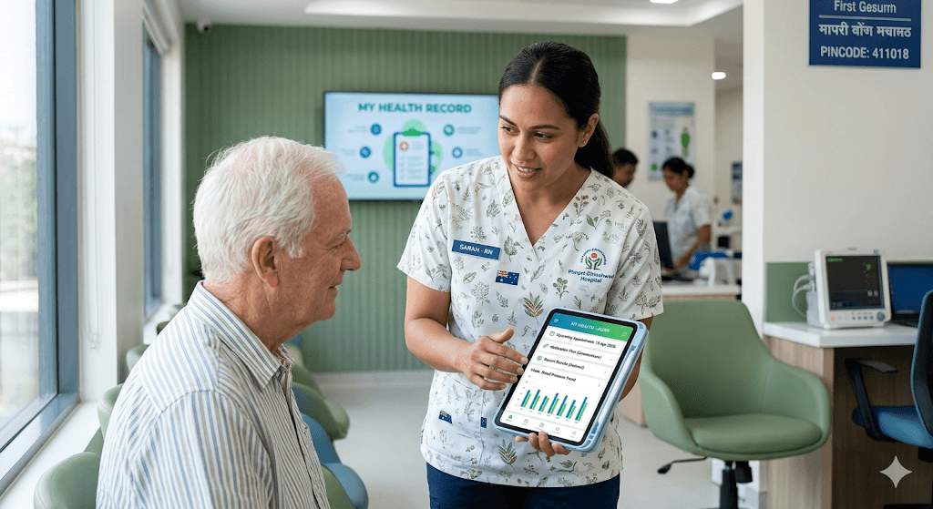 Care worker using a tablet in the field
